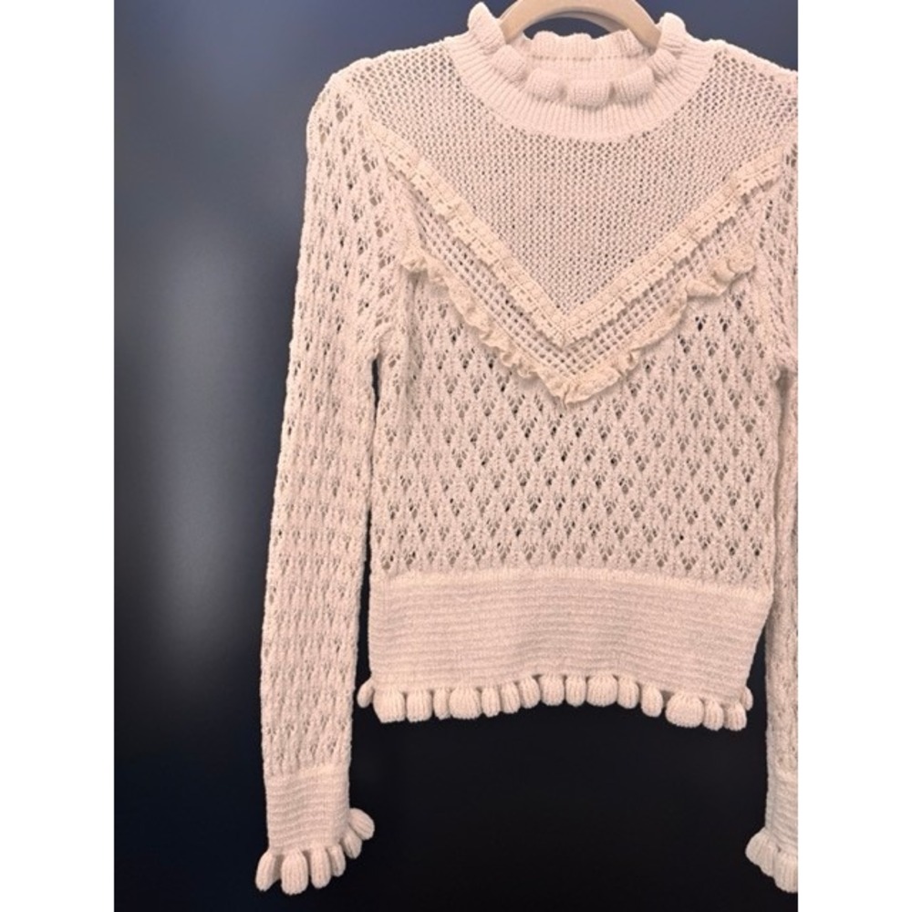 ZARA Cream Pointelle Ruffle Knit Sweater Women MEDIUM Romantic Boho Cottage - Picture 3 of 9